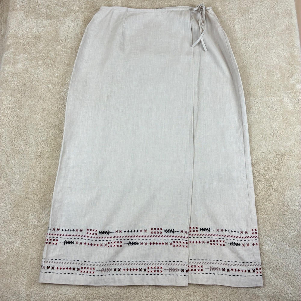 Nordstrom Linen Wrap Skirt 14 Boho Coastal Grandma Cottagecore Embroidered Hem - Picture 2 of 13